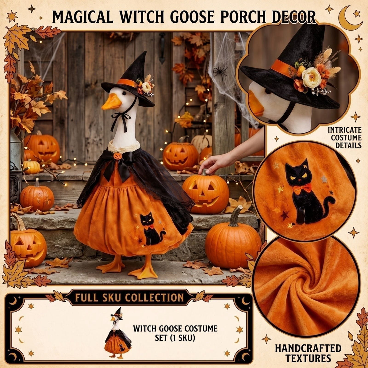 Halloween Garden Porch Decor, Porch Goose Outfits Halloween, 23 Inch Porch Goose Outfits, Witch Dress and Hat Set, Fits 23X11X26 Inch Standing Plush Goose for Front Porch Lawn
