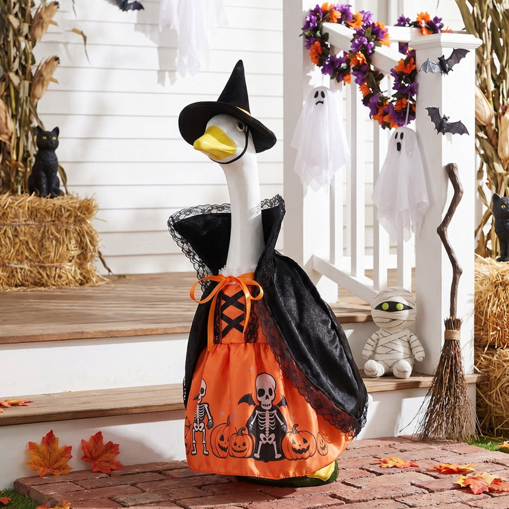 Halloween Garden Porch Decor, Porch Goose Outfits Halloween, 23 Inch Porch Goose Outfits, Witch Dress and Hat Set, Fits 23X11X26 Inch Standing Plush Goose for Front Porch Lawn