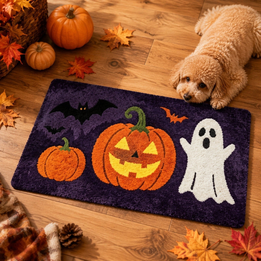 Halloween Pet Mat Faux Wool 60x40cm Black Ghost Door Mat for Dirty Feet Non Slip Entryway Rug for Dogs Cats Indoor Use
