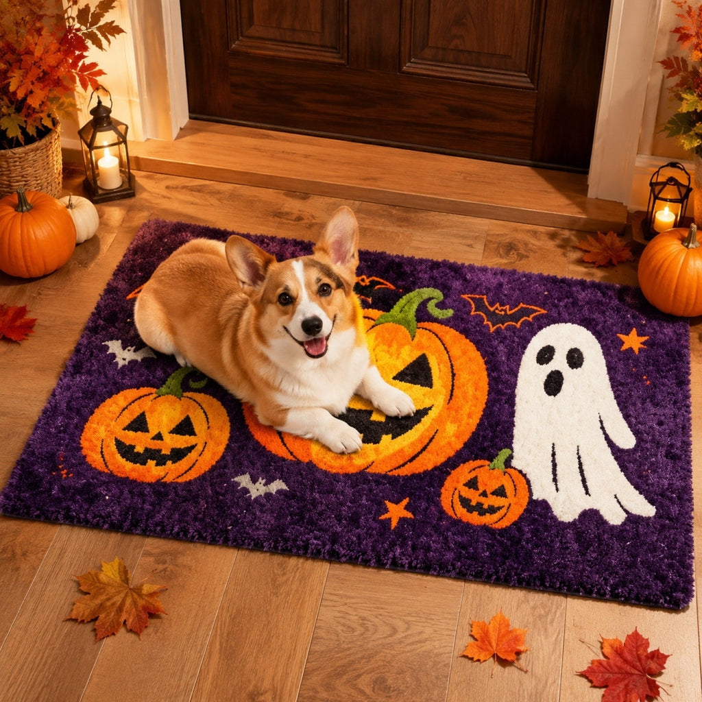 Halloween Pet Mat Faux Wool 60x40cm Black Ghost Door Mat for Dirty Feet Non Slip Entryway Rug for Dogs Cats Indoor Use