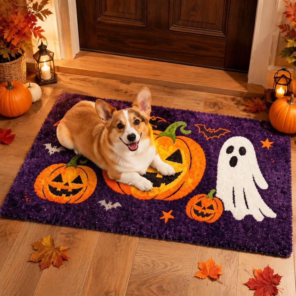 Halloween Pet Mat Faux Wool 60x40cm Black Ghost Door Mat for Dirty Feet Non Slip Entryway Rug for Dogs Cats Indoor Use