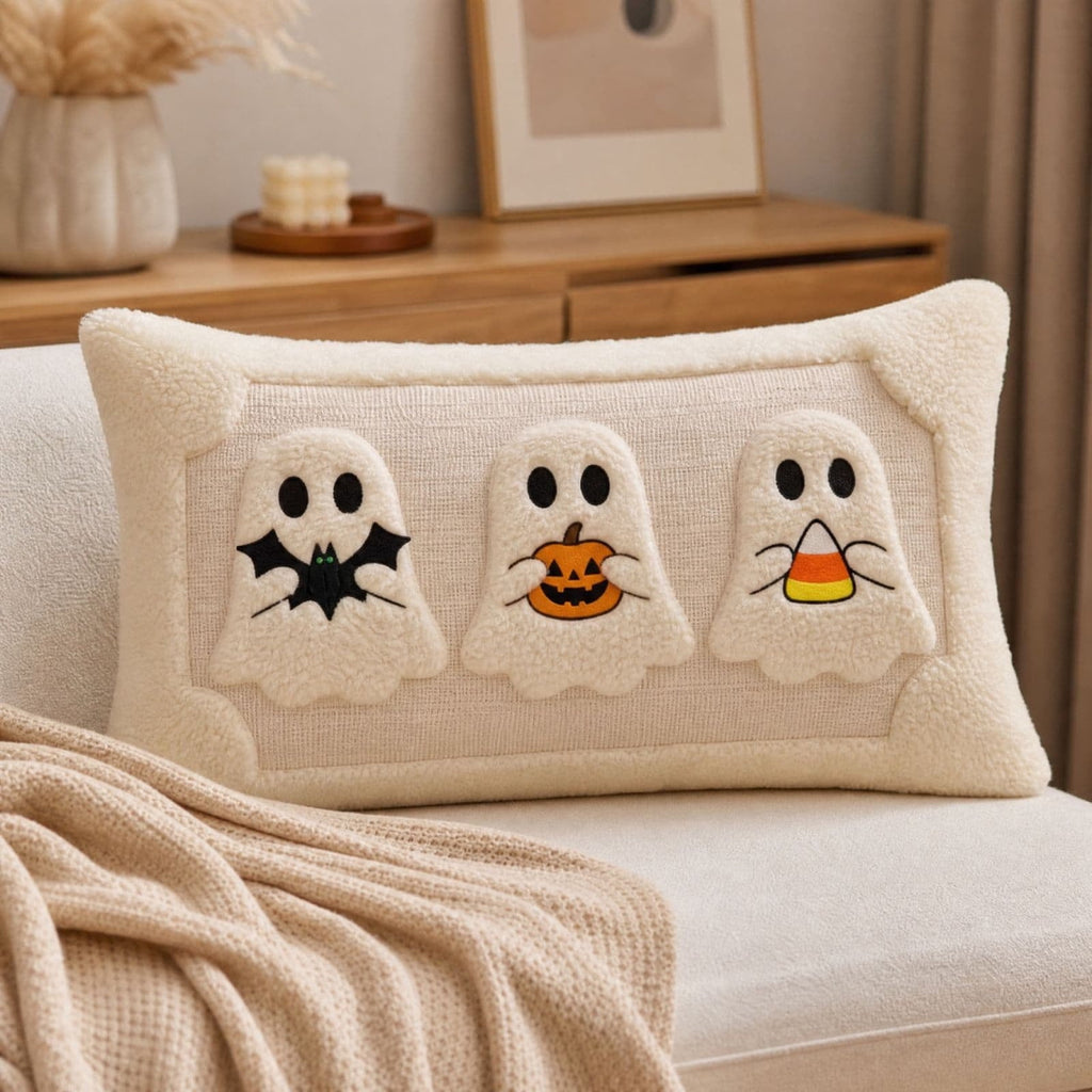 Cute Reading Ghost Plush Throw Pillow, Halloween Book & Pumpkin Bucket Ghost Stuffed Cushion, Spooky Season Decorative Pillow, for Sofa, Bedroom, Party Decor