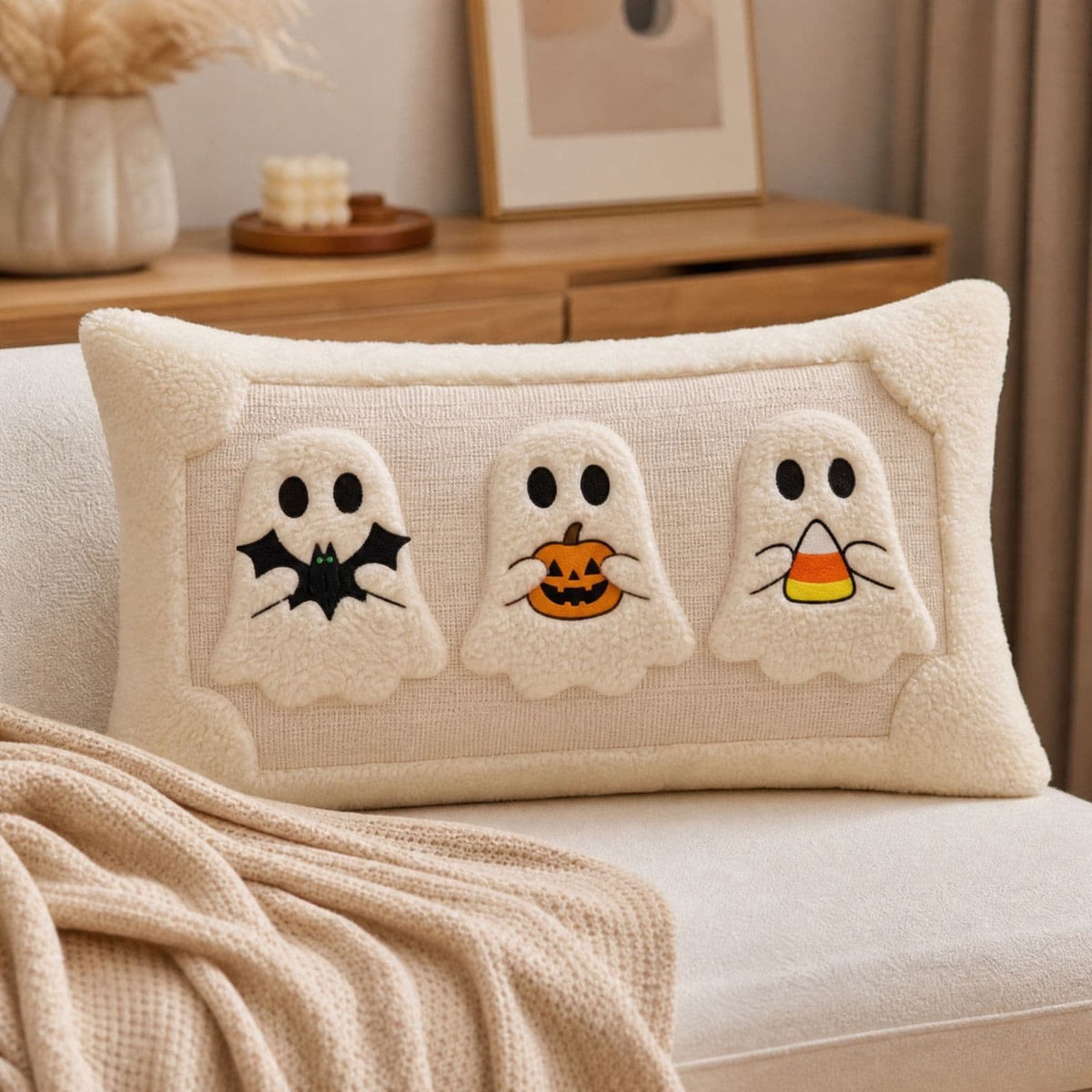 Cute Reading Ghost Plush Throw Pillow, Halloween Book & Pumpkin Bucket Ghost Stuffed Cushion, Spooky Season Decorative Pillow, for Sofa, Bedroom, Party Decor