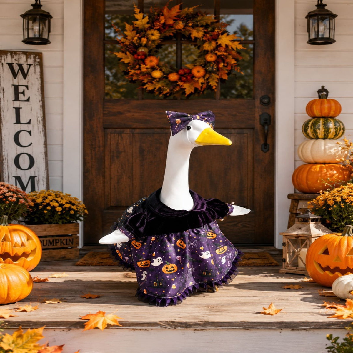 Halloween Garden Porch Decor, Porch Goose Outfits Halloween, 23 Inch Porch Goose Outfits, Witch Dress and Hat Set, Fits 23X11X26 Inch Standing Plush Goose for Front Porch Lawn