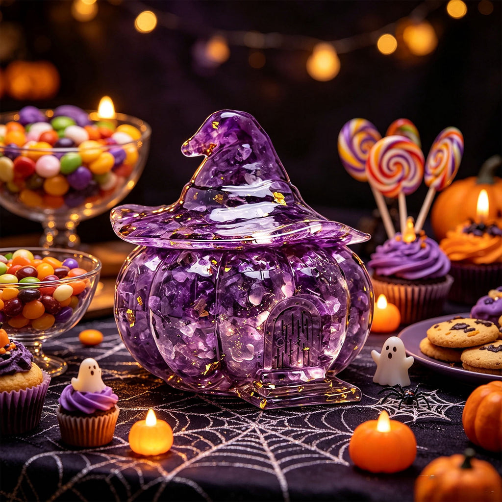 Halloween Pumpkin Candy Bowl with Lid, Decorative Plastic Treat Jar with Crushed Stone Look for Candy Serving and Seasonal Table Display, Reusable Spooky Home Accent, Home Decor, Brown