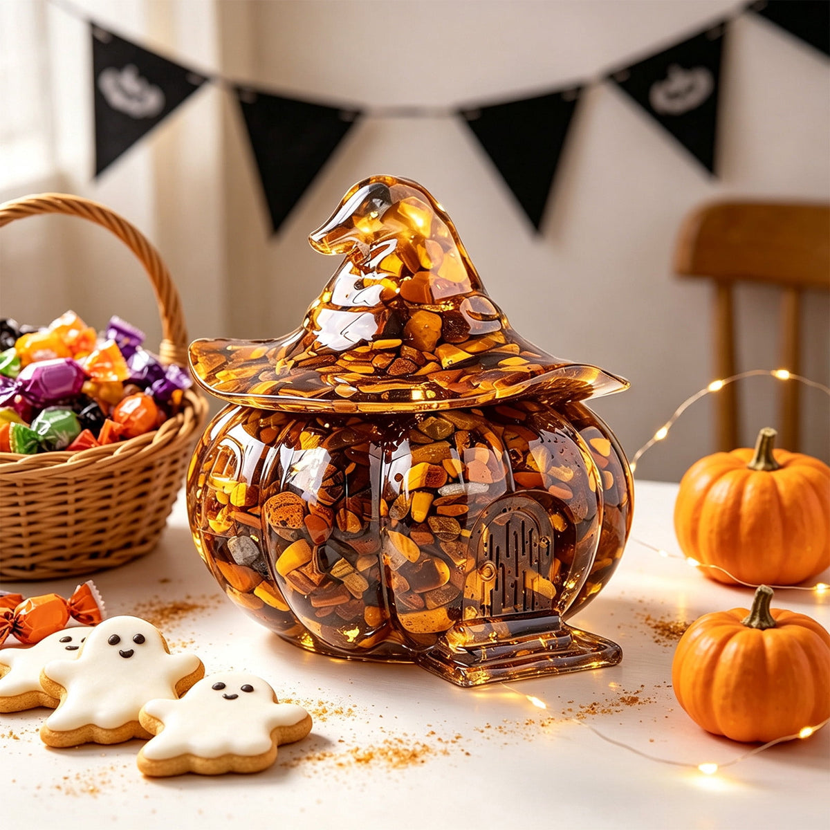 Halloween Pumpkin Candy Bowl with Lid, Decorative Plastic Treat Jar with Crushed Stone Look for Candy Serving and Seasonal Table Display, Reusable Spooky Home Accent, Home Decor, Brown