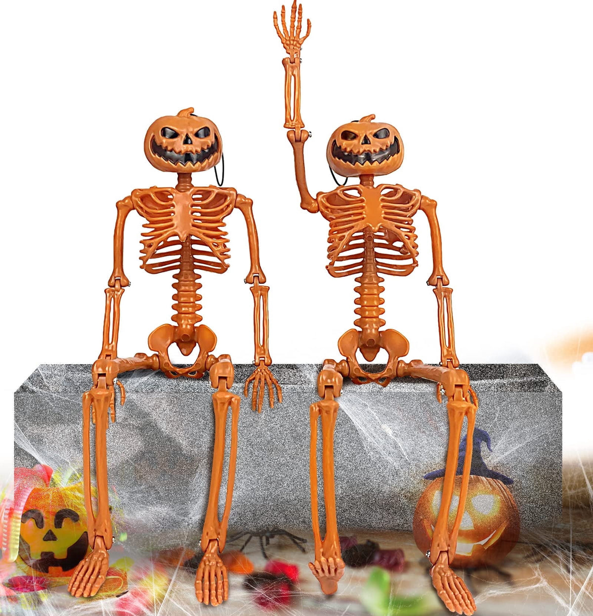 TETOU Halloween Pumpkin Skeleton Decorations with Posable Joints Skeletons for Party Haunted House Props Decorations, 2 Packs