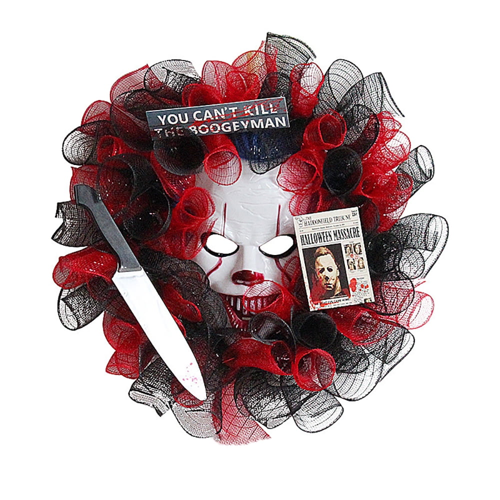 Halloween Red Mesh Mask Wreath, Creative Ghost Festival Party Wreath for Front Door Wall Hanging Haunted House Arrangement Props Festival Celebrations Decoration Holiday Home Decor