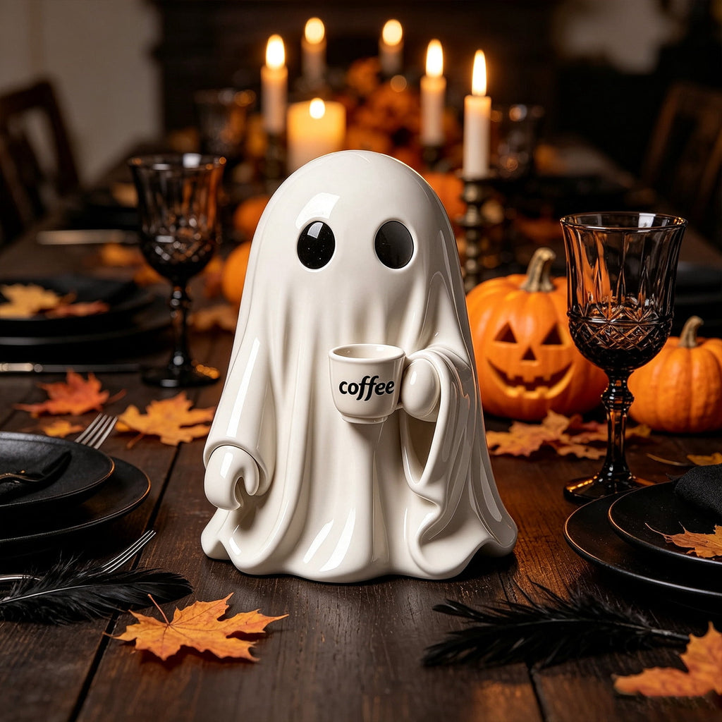 Halloween Ghost Figurine, Ghost Girl with Pink Bow & Hot Drink, Funny Ghost Statue Halloween Decor for Gift, Cute Spooky Tabletop Ornament for Home, Mantle, Desk & Party Decoration