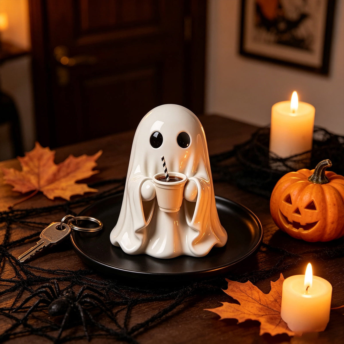 Halloween Ghost Figurine, Ghost Girl with Pink Bow & Hot Drink, Funny Ghost Statue Halloween Decor for Gift, Cute Spooky Tabletop Ornament for Home, Mantle, Desk & Party Decoration