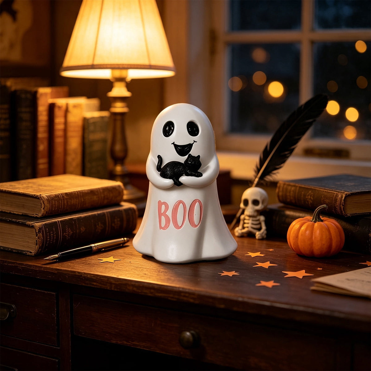 Halloween Ghost Figurine, Ghost Girl with Pink Bow & Hot Drink, Funny Ghost Statue Halloween Decor for Gift, Cute Spooky Tabletop Ornament for Home, Mantle, Desk & Party Decoration
