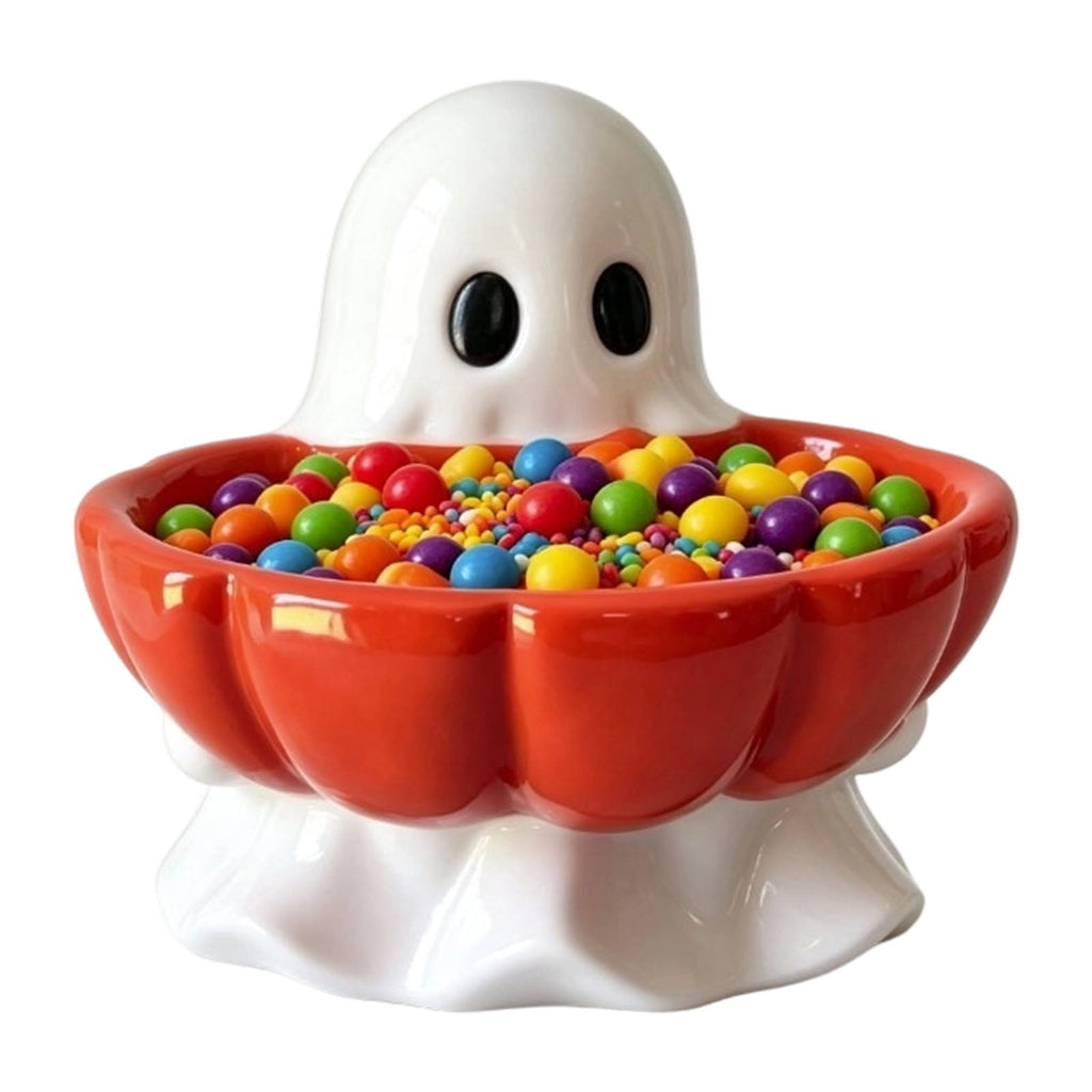 Pink Halloween Decor Ghost Candy Bowl Figurine with Bow and Scalloped Holder for Indoor Tabletop Decor and Party Favor Display