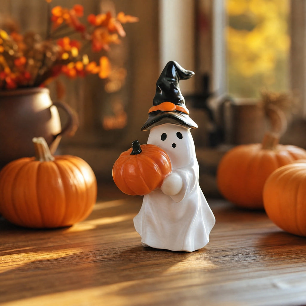 Halloween Ghost Figurine, Ghost Girl with Pink Bow & Hot Drink, Funny Ghost Statue Halloween Decor for Gift, Cute Spooky Tabletop Ornament for Home, Mantle, Desk & Party Decoration