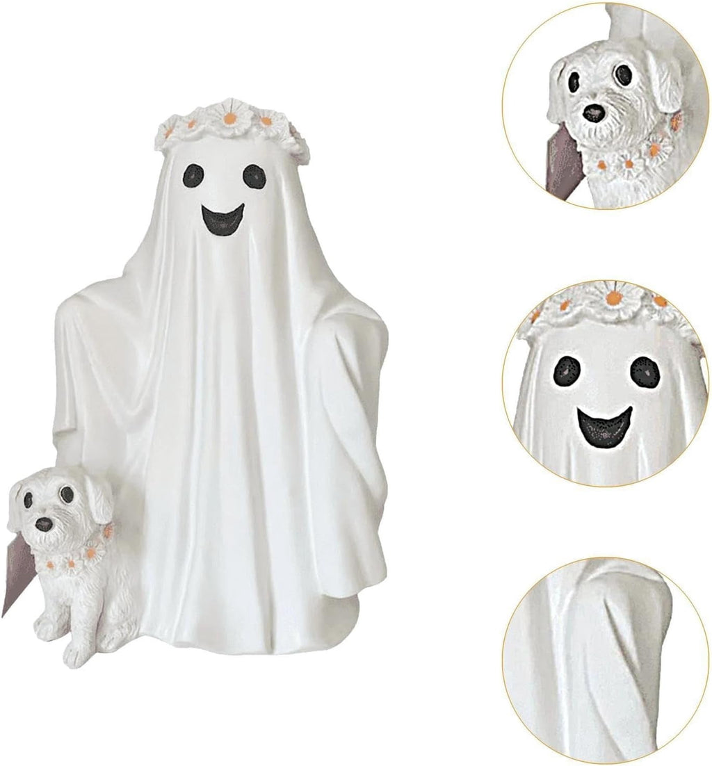 Halloween Ghost Figurine, Ghost Girl with Pink Bow & Hot Drink, Funny Ghost Statue Halloween Decor for Gift, Cute Spooky Tabletop Ornament for Home, Mantle, Desk & Party Decoration
