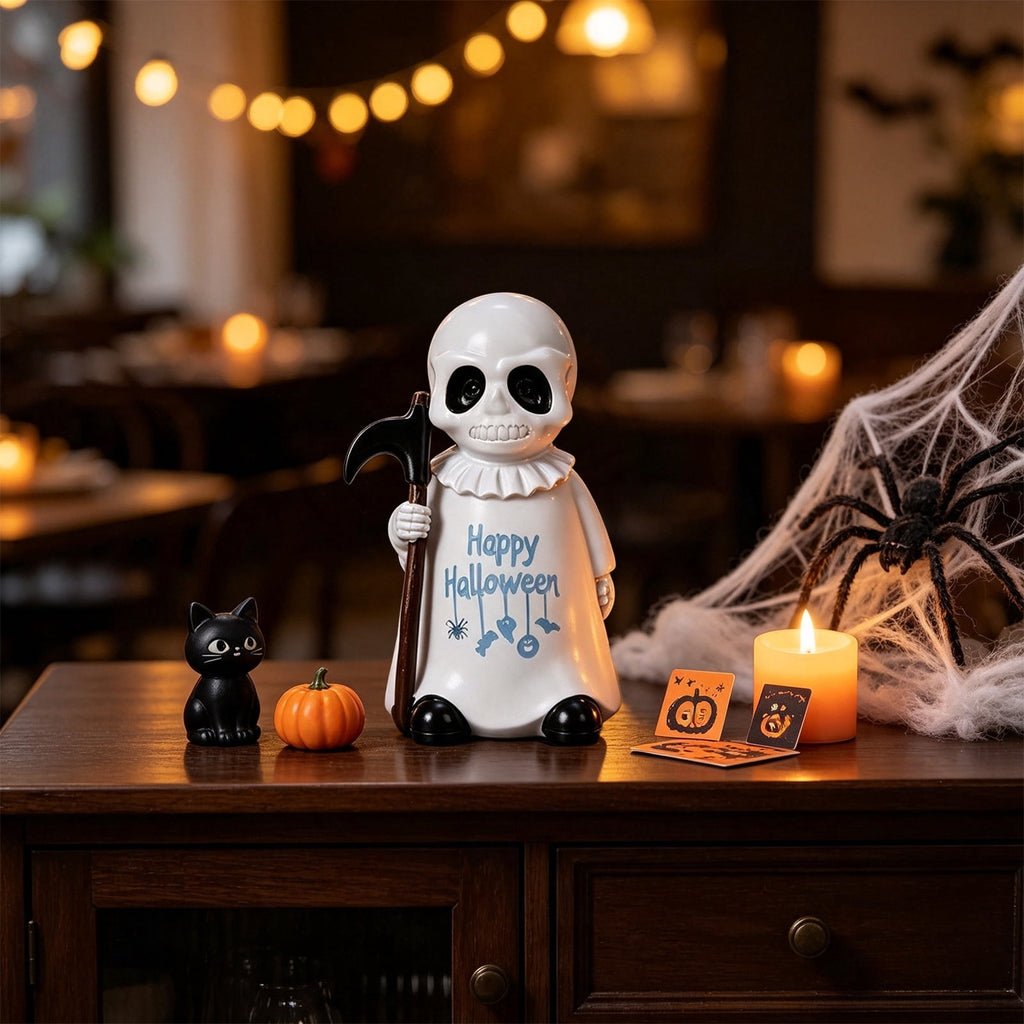Halloween Ghost Figurine, Ghost Girl with Pink Bow & Hot Drink, Funny Ghost Statue Halloween Decor for Gift, Cute Spooky Tabletop Ornament for Home, Mantle, Desk & Party Decoration