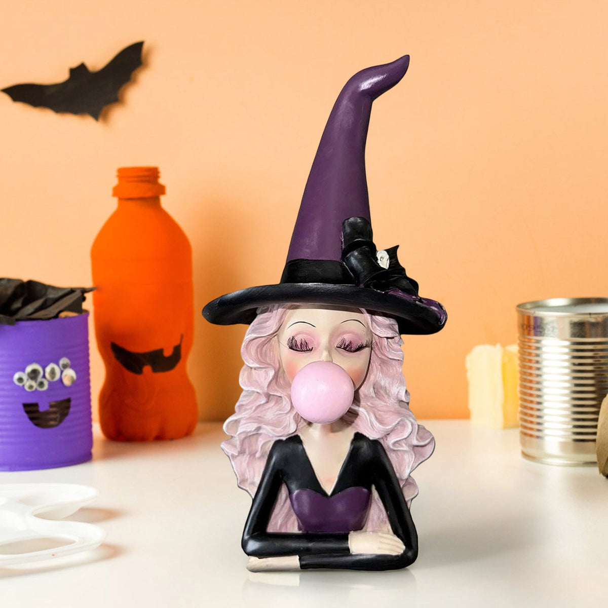 Halloween Ghost Figurine, Ghost Girl with Pink Bow & Hot Drink, Funny Ghost Statue Halloween Decor for Gift, Cute Spooky Tabletop Ornament for Home, Mantle, Desk & Party Decoration