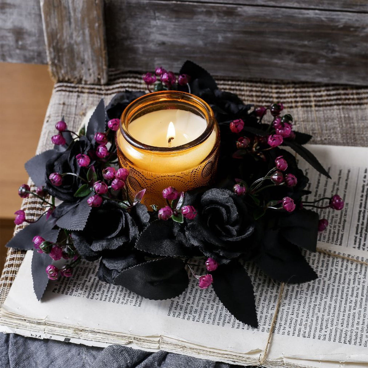 HHBEAUTY Artificial Purple Rose Halloween Candle Rings Wreaths 9.8 Inch Gothic Floral Eucalyptus Leaves Candle Ring Holder Halloween Wedding Party Centerpiece Table Decorations Home Decor