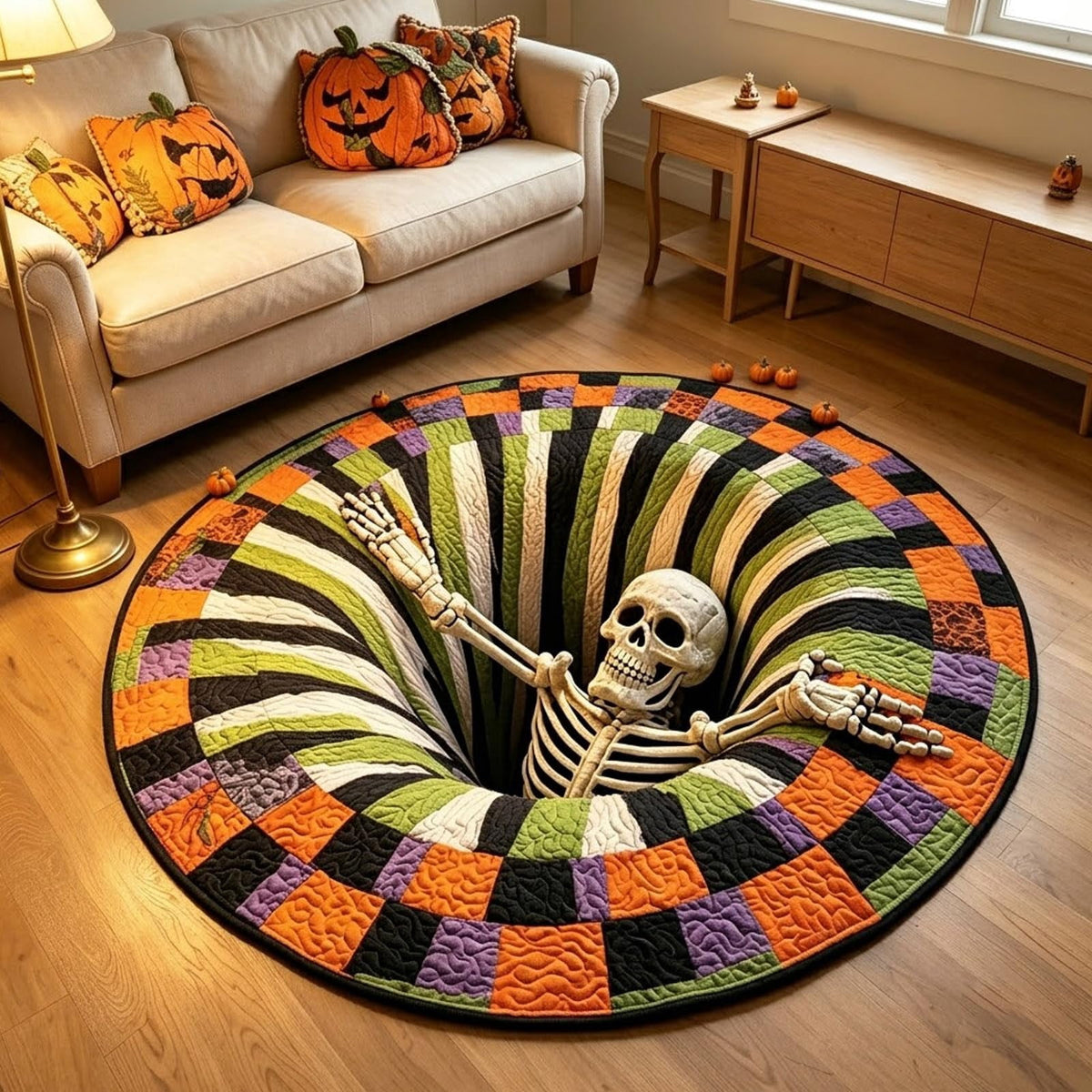Halloween Round Rug 3D Skeleton Vortex Quilted Illusion Mat | Soft non-slip fabric indoor round decor. Perfect for living room, kitchen or bathroom. Features a spooky depth pattern