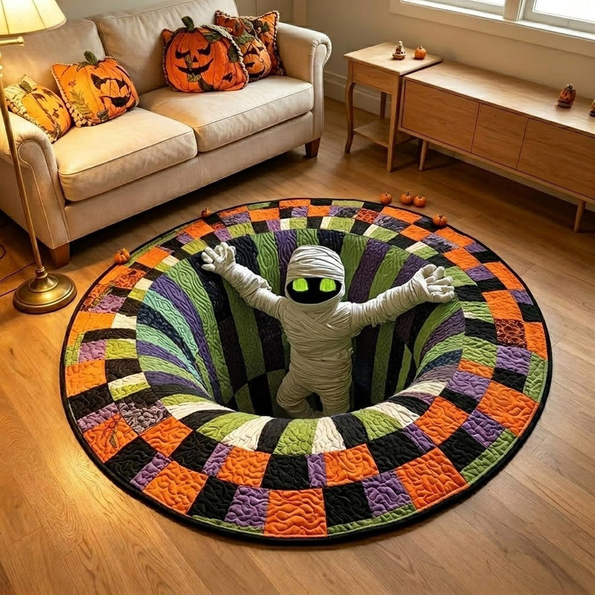 Halloween Round Rug 3D Skeleton Vortex Quilted Illusion Mat | Soft non-slip fabric indoor round decor. Perfect for living room, kitchen or bathroom. Features a spooky depth pattern