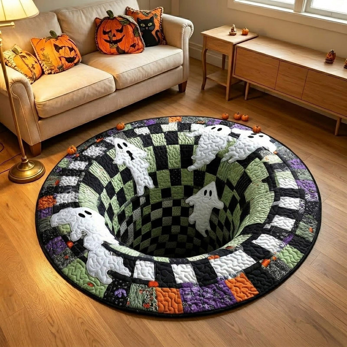Halloween Round Rug 3D Skeleton Vortex Quilted Illusion Mat | Soft non-slip fabric indoor round decor. Perfect for living room, kitchen or bathroom. Features a spooky depth pattern