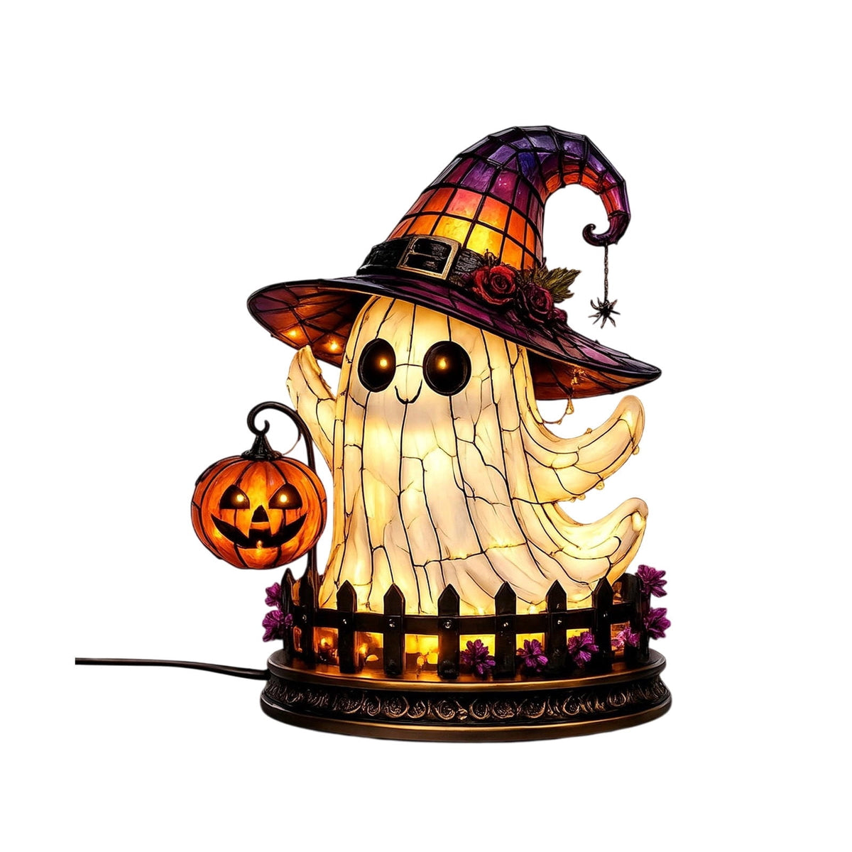 Halloween Lighted Witch Cauldron Decor Lamp, Stained Glass Witch Hat Magic Pot Night Light with Pumpkin & Potion Bottle Details, Spooky Vintage Tabletop Ornament for Mantel Living Room Party