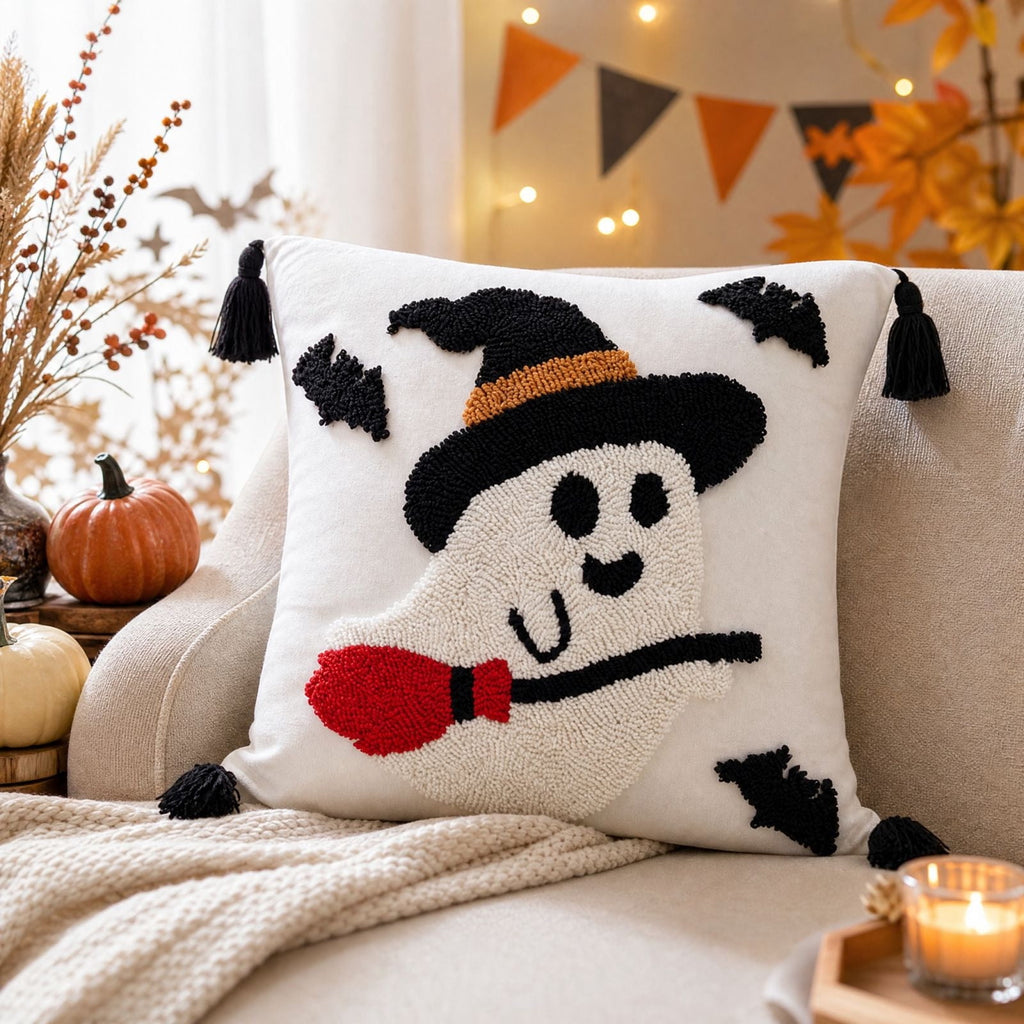 Cute Reading Ghost Plush Throw Pillow, Halloween Book & Pumpkin Bucket Ghost Stuffed Cushion, Spooky Season Decorative Pillow, for Sofa, Bedroom, Party Decor