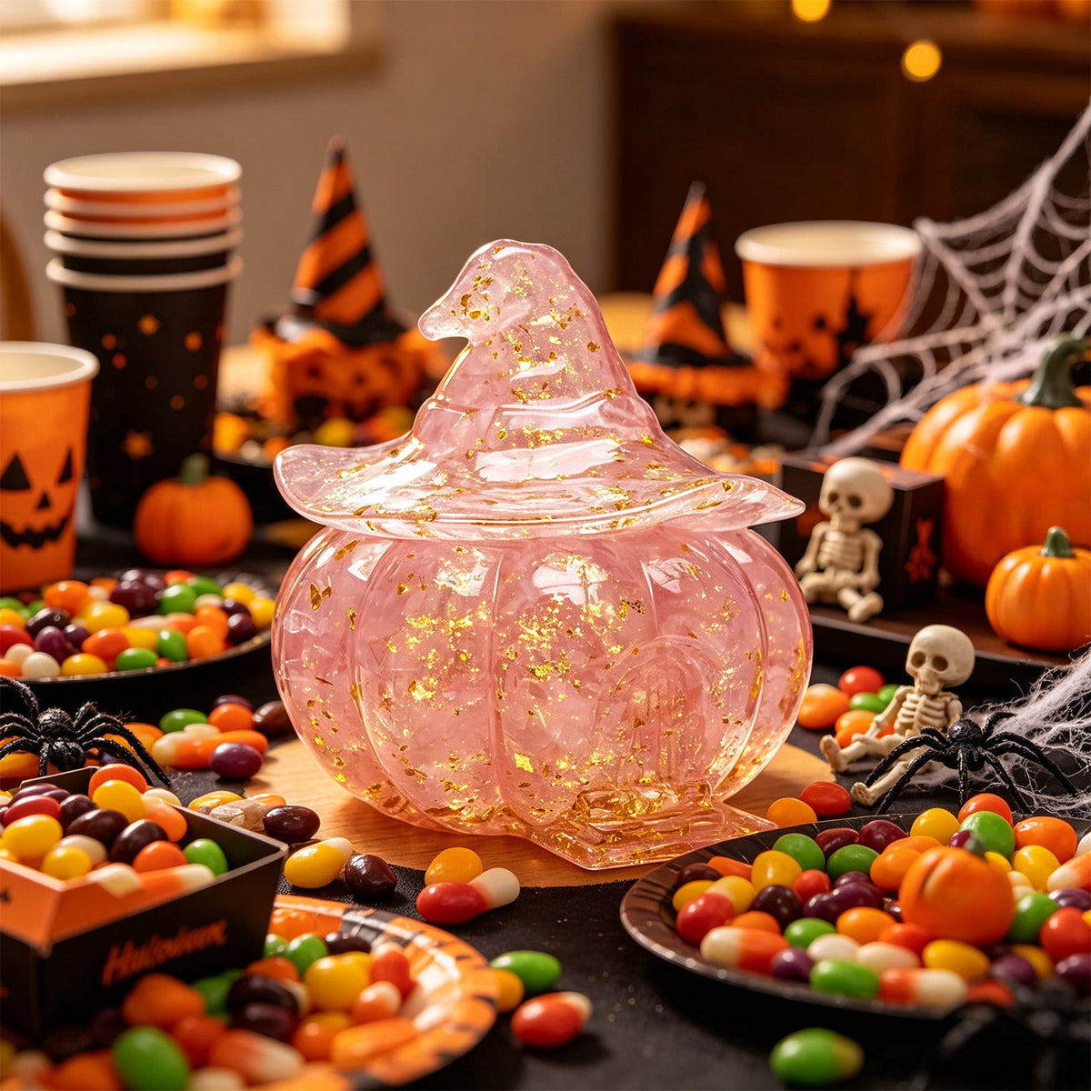 Halloween Pumpkin Candy Bowl with Lid, Decorative Plastic Treat Jar with Crushed Stone Look for Candy Serving and Seasonal Table Display, Reusable Spooky Home Accent, Home Decor, Brown