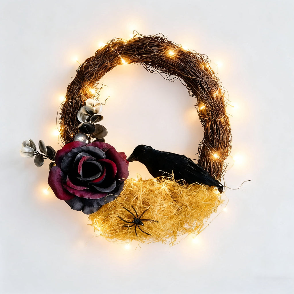 Halloween Wreath, 10 Inch Halloween Garland with Crow Vines, Artificial Dead Branch Wreath with LED Light, Halloween Home Party Decor Sturdy Build, for Porch Window Wall Decor