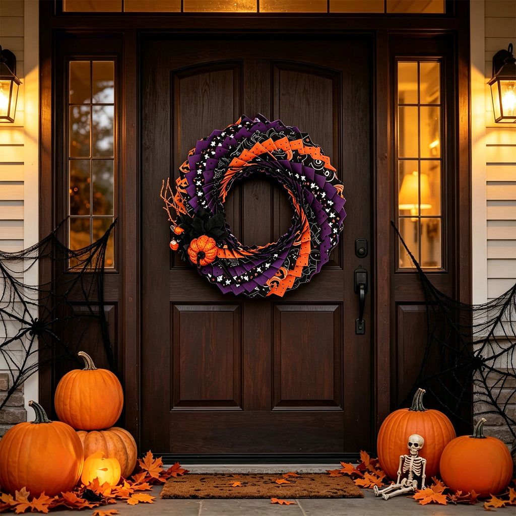 Halloween Wreath 16 Inch, Spooky Fabric Front Door Wreath with Pumpkin & Ghost, Orange Purple Black Fall Porch & Wall Decor