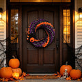 Halloween Wreath 16 Inch, Spooky Fabric Front Door Wreath with Pumpkin & Ghost, Orange Purple Black Fall Porch & Wall Decor
