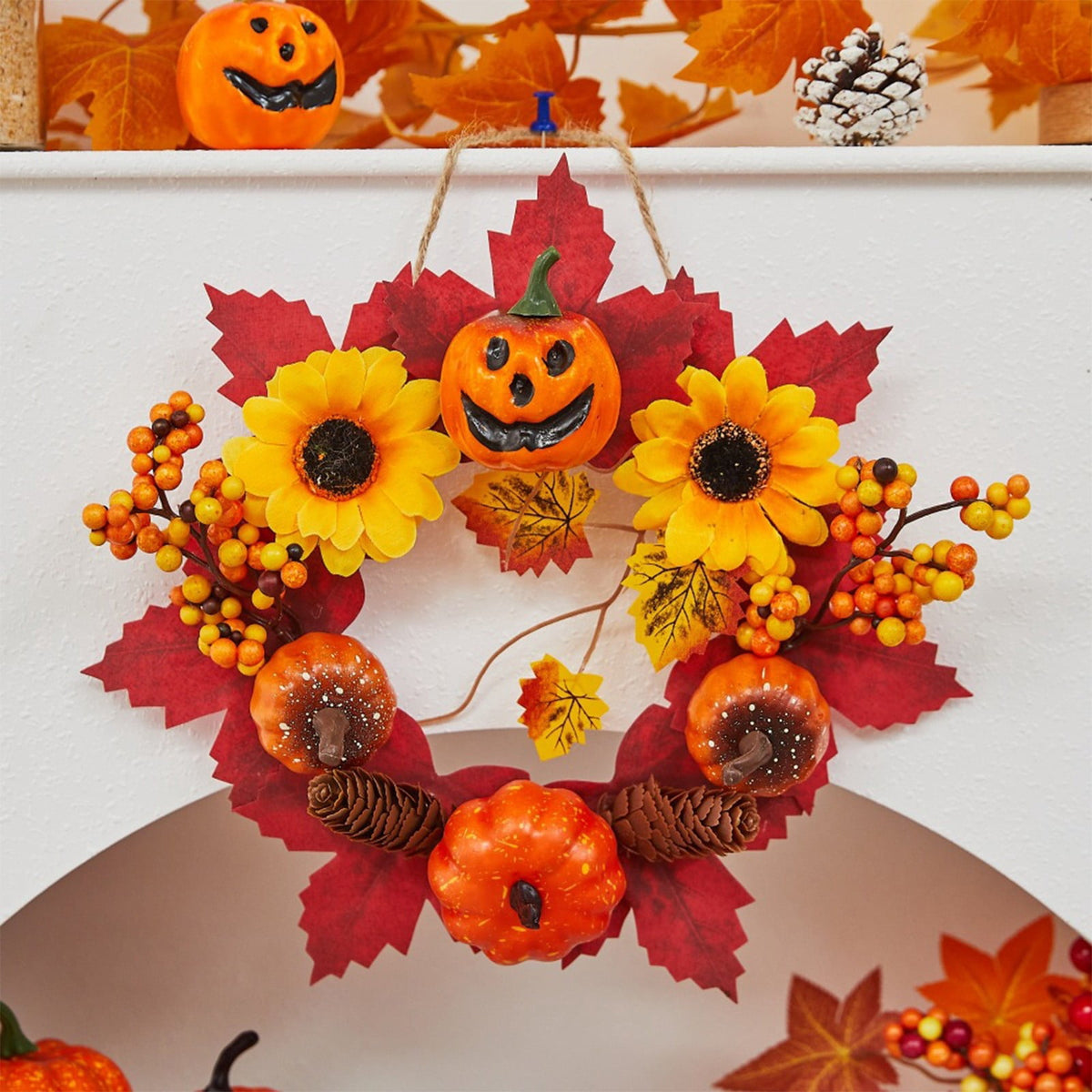 Halloween Wreath Festival Decoration Maple Leaf Pumpkin Wall Hanging Arrangement Harvests Festival Door Hanging Fall Decor for Fireplace Porch Table 11.81 in