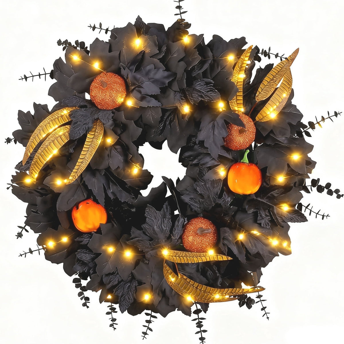 Halloween Wreath for Front Door, 20 Inch Black Maple Leaf Wreaths with Light, Pumpkin, Halloween Atmosphere Haunted House Decor, for Indoor,Outdoor,Wall Window,Porch,Farmhouse,Home,Party Decoration