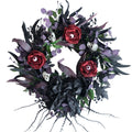 Idyllic 22" Halloween Wreath for Front Door Black Ribbon Rose with Eyes and Skull