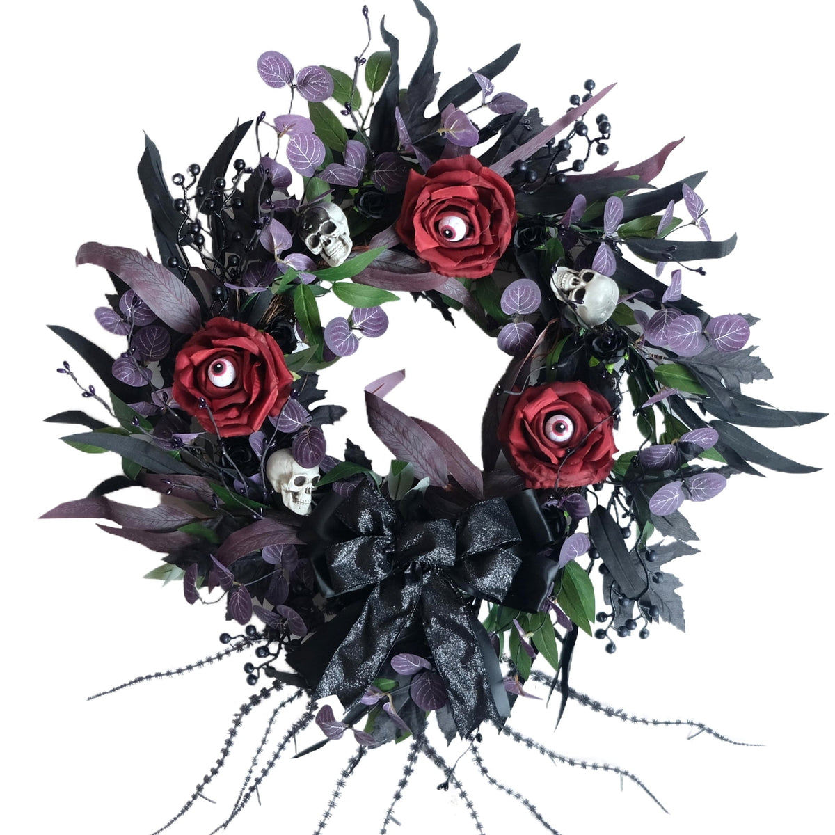 Idyllic 22" Halloween Wreath for Front Door Black Ribbon Rose with Eyes and Skull