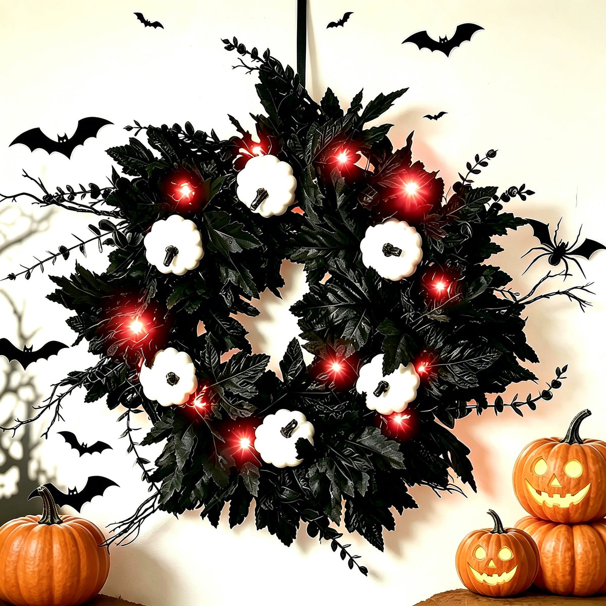 Halloween Wreaths Decoration for Front Door,Black Maple Pumpkin Wreath Decor with Lights,Fall Artificial Flower Wreath for Halloween Thanksgiving Wall,Window,Indoor Outdoor Halloween Home Decoration