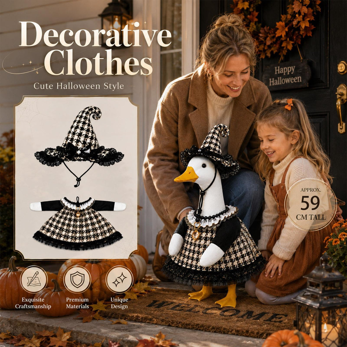 Halloween Garden Porch Decor, Porch Goose Outfits Halloween, 23 Inch Porch Goose Outfits, Witch Dress and Hat Set, Fits 23X11X26 Inch Standing Plush Goose for Front Porch Lawn