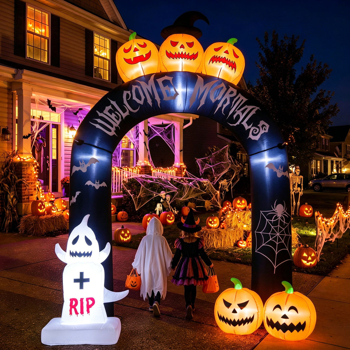 MAGOTAN 8 ft Halloween Inflatable Pumpkin Halloween Inflatable Pumpkins Ghost Tombstone Outdoor Yard Decoration Build-in 7 LED White Lights