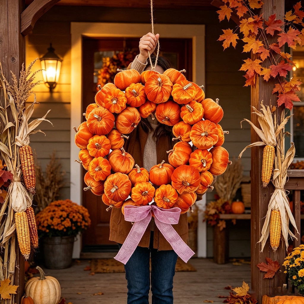 Handmade Fall Pumpkin Wreath, Soft Velvet Design with Linen Bow, Harvests Decors for Front Door, Great for Thanksgiving, Halloween, Mantel, and Porch, 16.93in