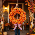 Handmade Fall Pumpkin Wreath, Soft Velvet Design with Linen Bow, Harvests Decors for Front Door, Great for Thanksgiving, Halloween, Mantel, and Porch, 16.93in