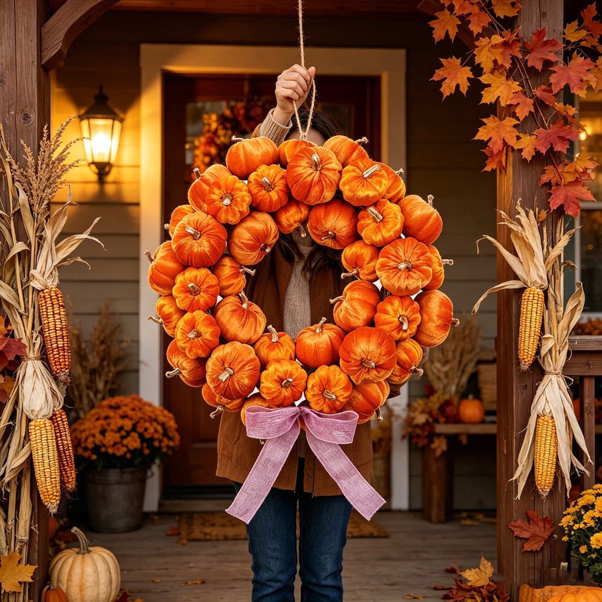 Handmade Fall Pumpkin Wreath, Soft Velvet Design with Linen Bow, Harvests Decors for Front Door, Great for Thanksgiving, Halloween, Mantel, and Porch, 16.93in
