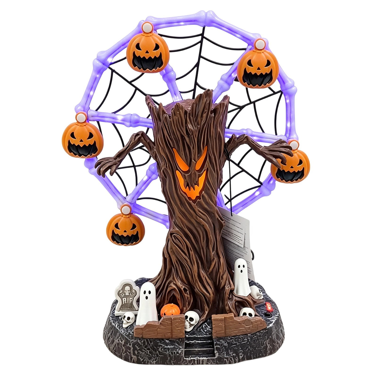 Hanging Solar Lights, Garden, Animated Halloween Ferris Wheel Tabletop Decor with Purple LED, Moving Skeleton Cauldrons, Spooky Tree Centerpiece for Party