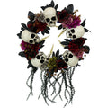 Haunted Hill Farm 24 in Hanging Wreath with Skulls, Fall Flowers, and Vines, Indoor/Covered Outdoor Halloween Props Decoration, HHWTHSKL-2