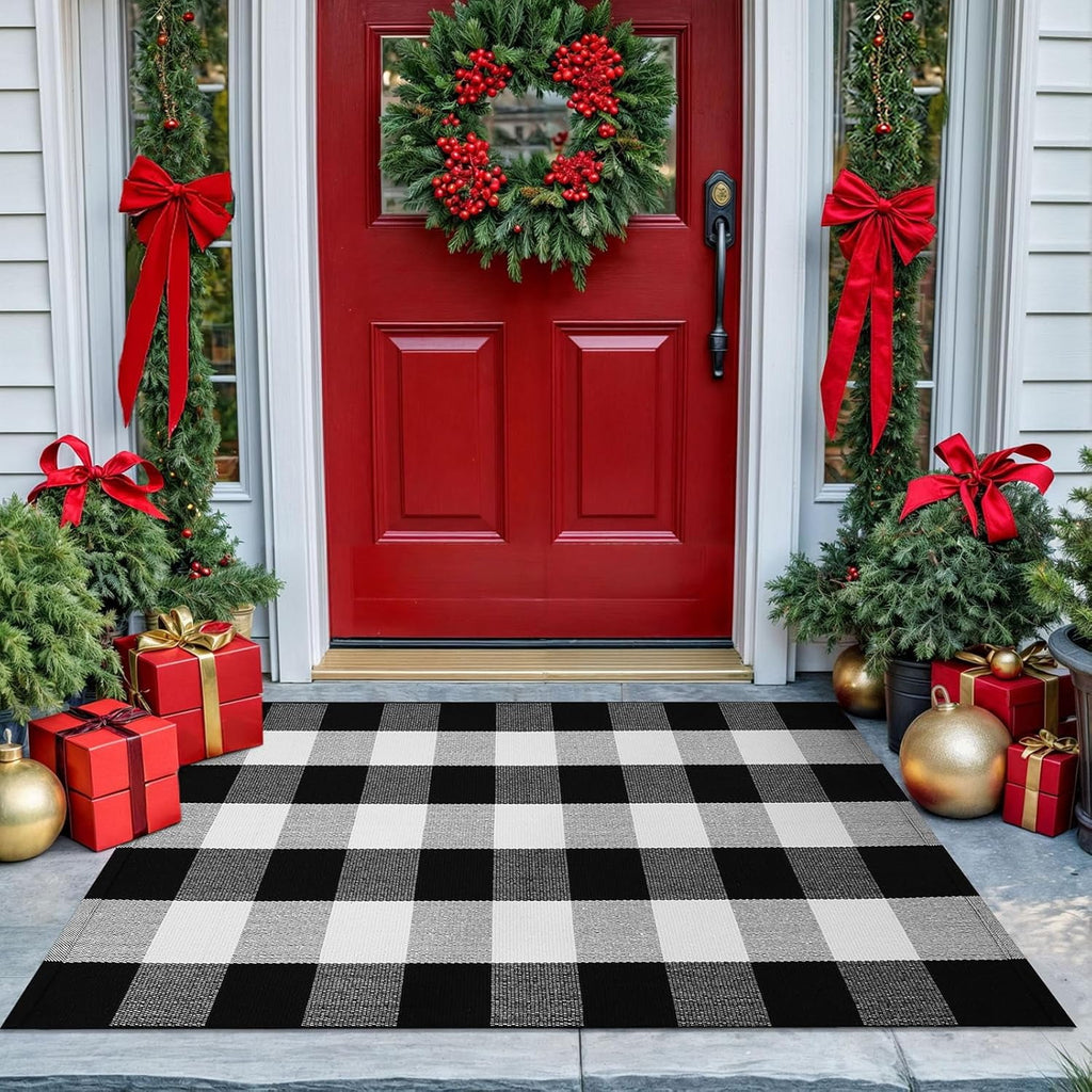 HearthHarmony Buffalo Plaid Area Rugs 2x3 Ft Brown and Black Checkered Rugs Washable Front Door Mat Hand Woven Cotton Outdoor Small Rug for Front Porch Kitchen Entryway Patio Bathroom