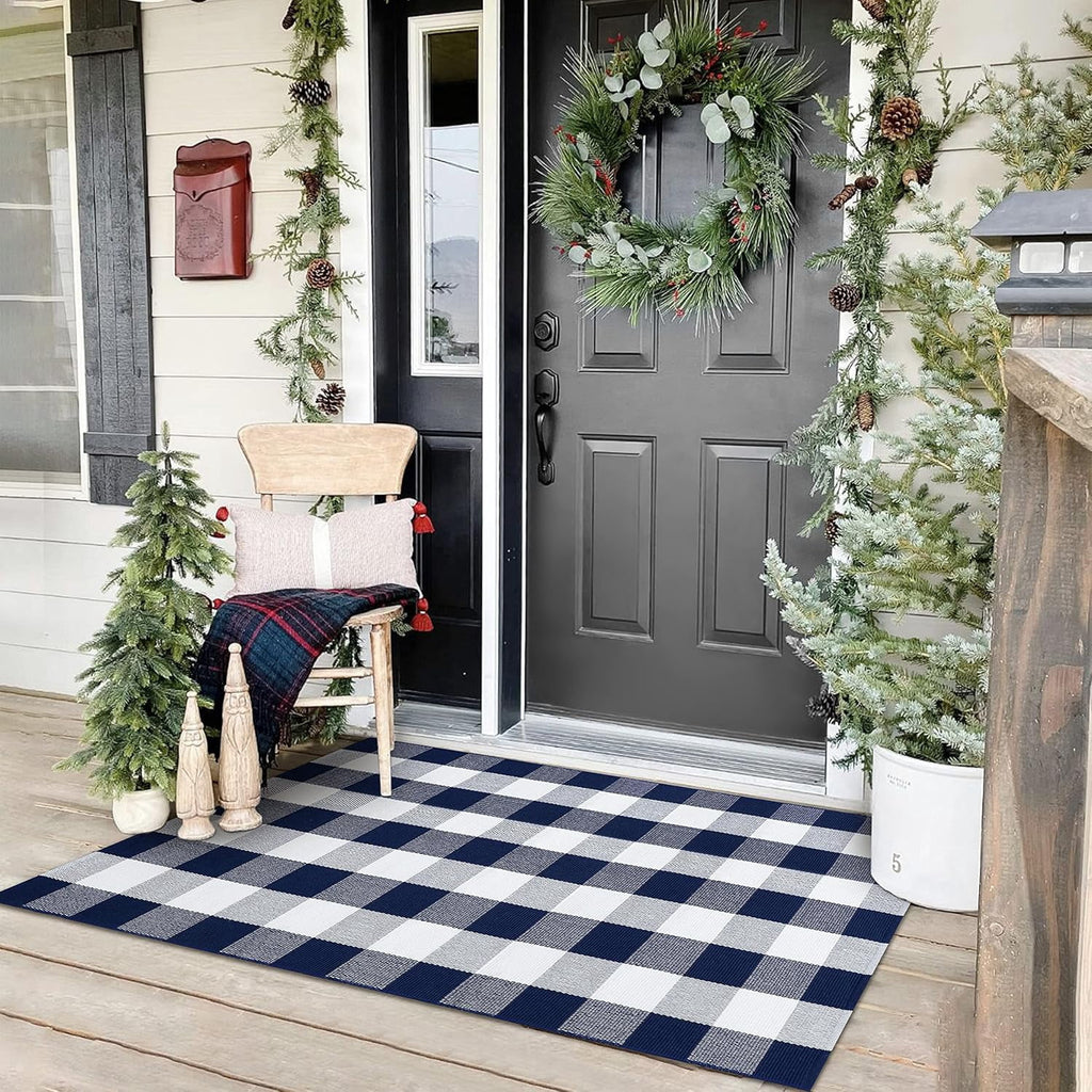 HearthHarmony Buffalo Plaid Area Rugs 2x3 Ft Brown and Black Checkered Rugs Washable Front Door Mat Hand Woven Cotton Outdoor Small Rug for Front Porch Kitchen Entryway Patio Bathroom