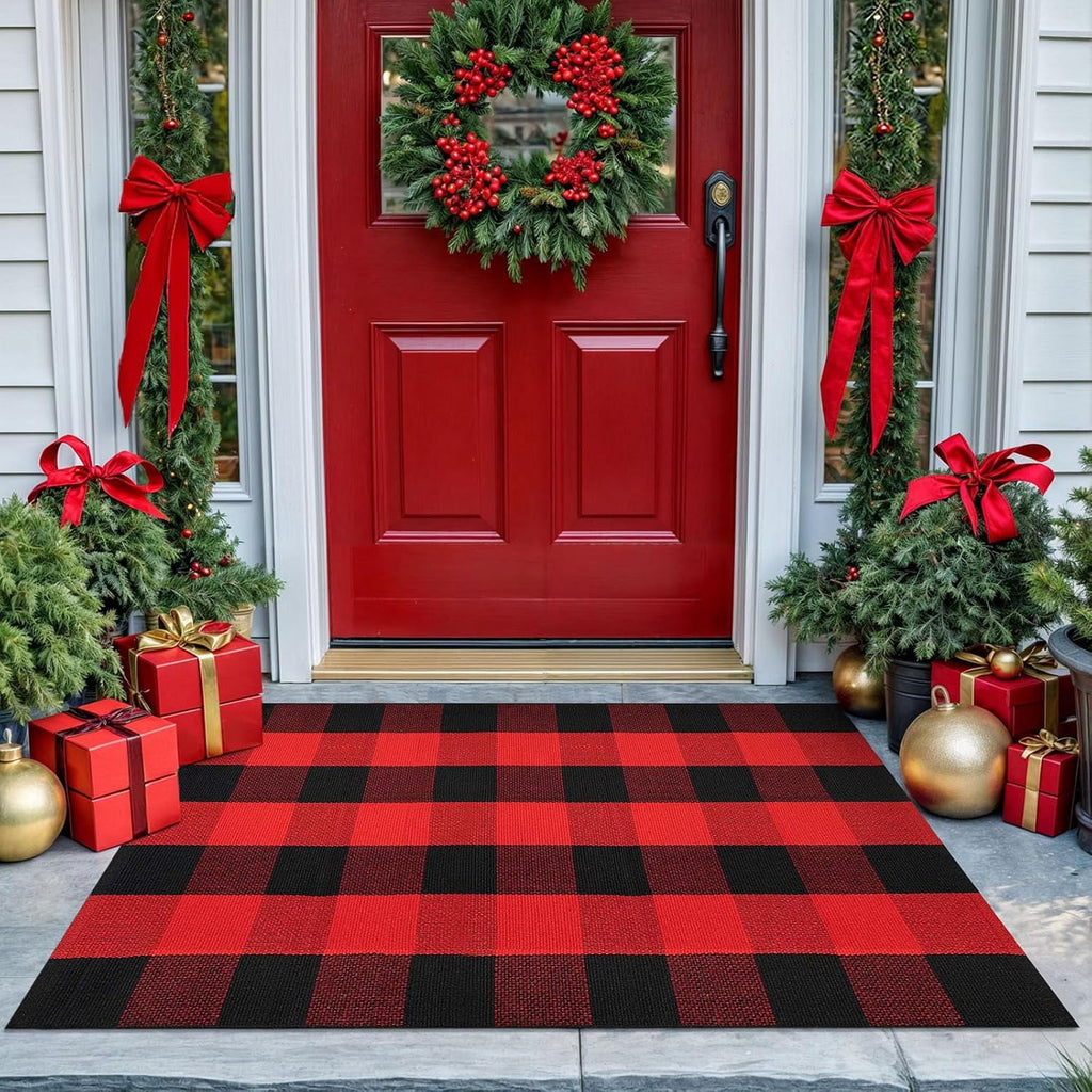HearthHarmony Buffalo Plaid Area Rugs 2x3 Ft Brown and Black Checkered Rugs Washable Front Door Mat Hand Woven Cotton Outdoor Small Rug for Front Porch Kitchen Entryway Patio Bathroom