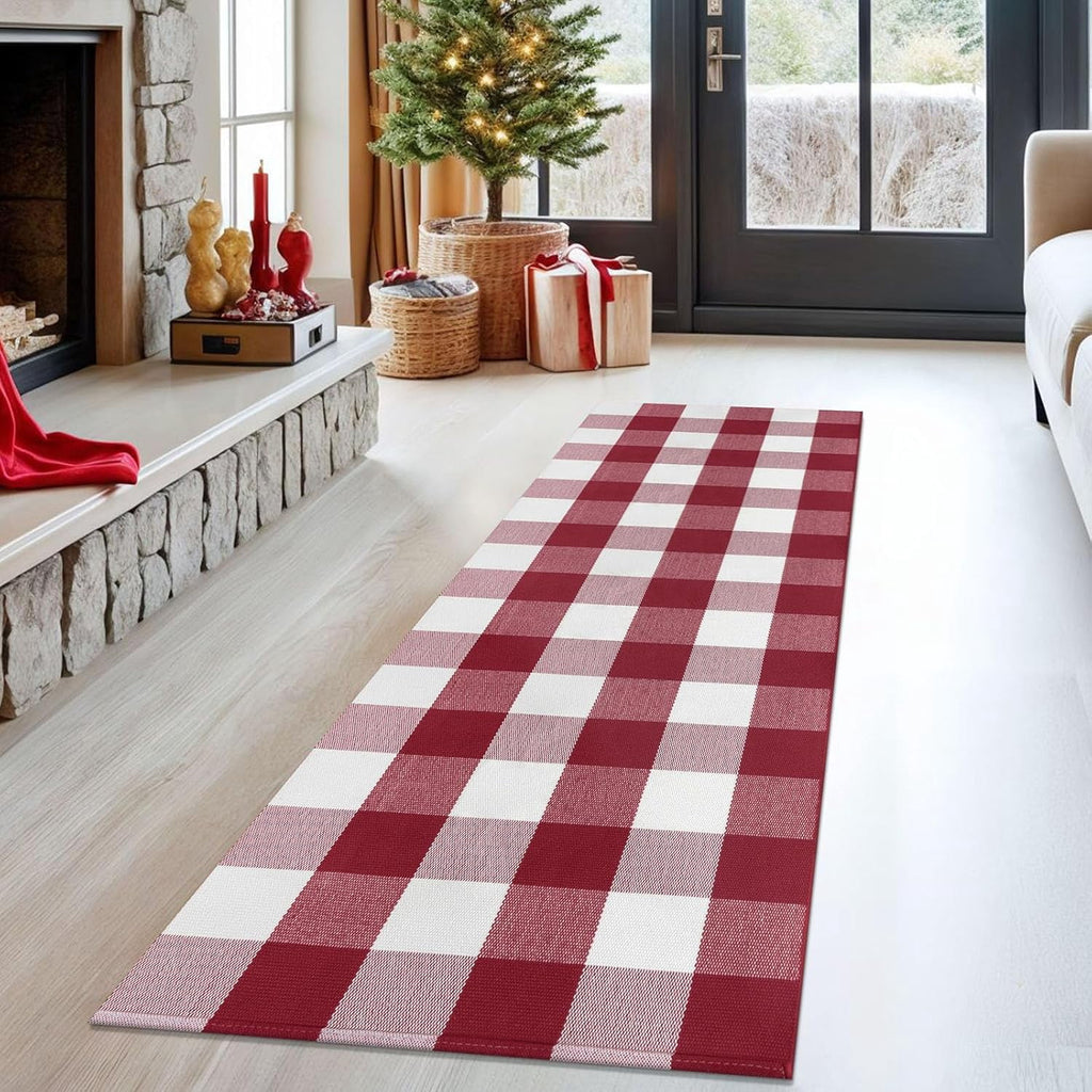 HearthHarmony Buffalo Plaid Area Rugs 2x3 Ft Brown and Black Checkered Rugs Washable Front Door Mat Hand Woven Cotton Outdoor Small Rug for Front Porch Kitchen Entryway Patio Bathroom