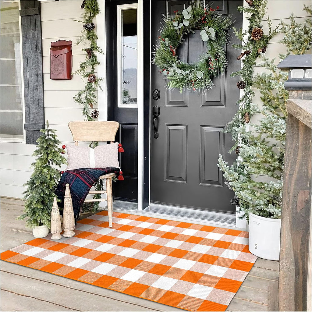 HearthHarmony Buffalo Plaid Area Rugs 2x3 Ft Brown and Black Checkered Rugs Washable Front Door Mat Hand Woven Cotton Outdoor Small Rug for Front Porch Kitchen Entryway Patio Bathroom