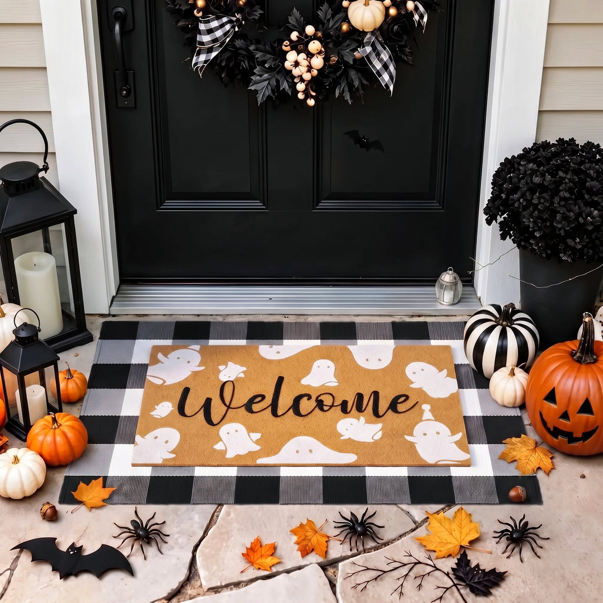 HiberyHom 2 Pcs Halloween Doormat Combo Set, 17" x 30" Ghost Halloween Welcome Doormat and 27" x 43" Black White Plaid Rug