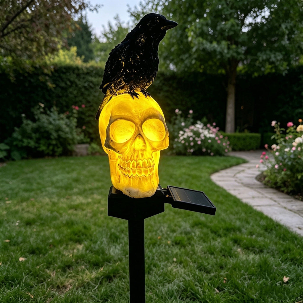 Homellea Solar Halloween Skull Raven Stake Light, 18.5 Inch Resin Skeleton Head Garden Lamp with Crow Accent for Yard, Pathway, Lawn, Planter, Graveyard Scene and Spooky Party Decor