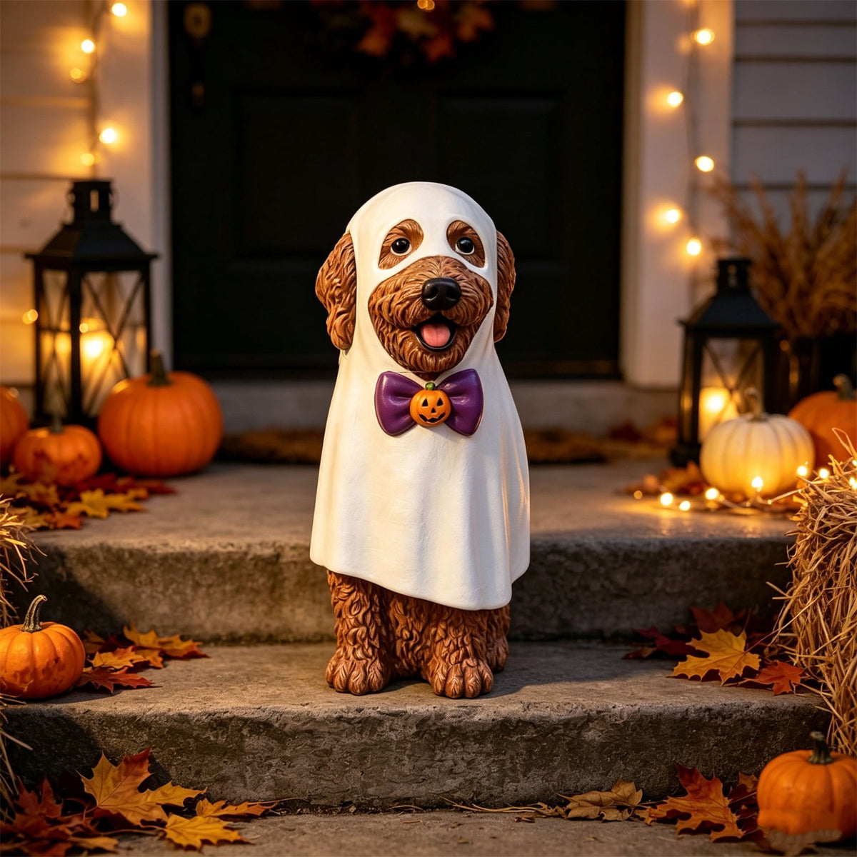 Clearance! Halloween Light‑Up Dog Figurine, 7.9in Scarecrow Dog Statue with Glowing Pumpkin, Waterproof Resin Table Yard Decor